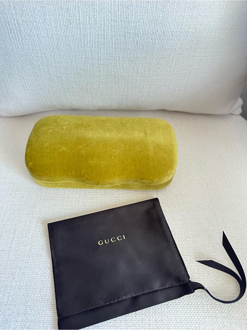 Gucci Velvet Eyewear Case in Olive Yellow with Black Dust Pouch